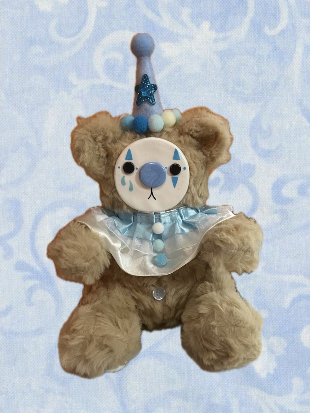 Plush Clown Bear Toy in Light Blue and Cream